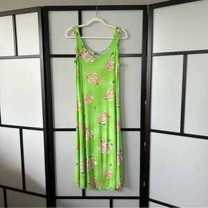 46it POI by Krizia Made In Italy Sheer Neon Green Rose Print Viscose Maxi Dress